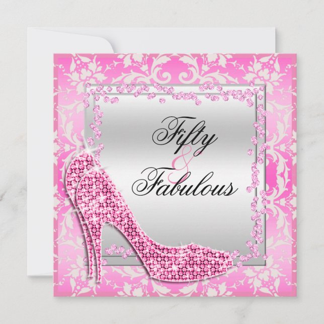 Glitzy Stilettos, Diamonds & Damask Fabulous 50 Invitation (Front)