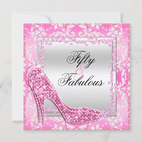 Glitzy Stilettos Diamonds  Damask Fabulous 50 Invitation