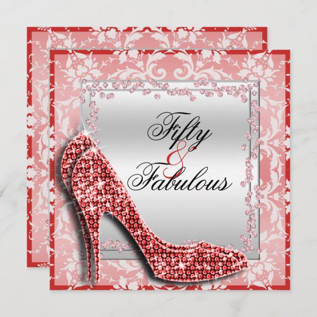 Glitzy Stilettos, Diamonds & Damask Fabulous 50 Invitation (Front/Back)