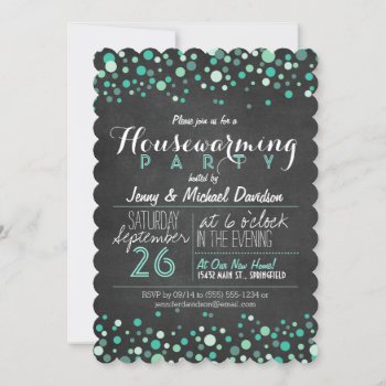 Glitzy Teal Green Chalkboard Housewarming Party Invitation by Card_Stop at Zazzle