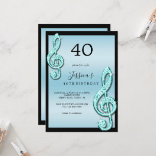Glitzy Teal Music Notes Birthday Invitation