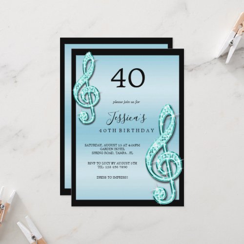 Glitzy Teal Music Notes Birthday Invitation