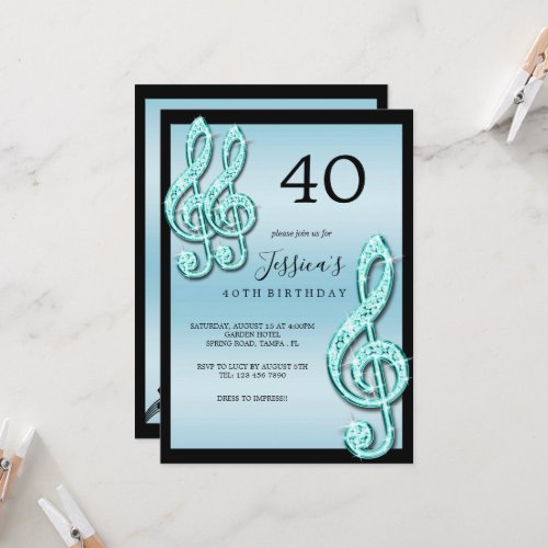 Glitzy Teal Music Notes Birthday Invitation