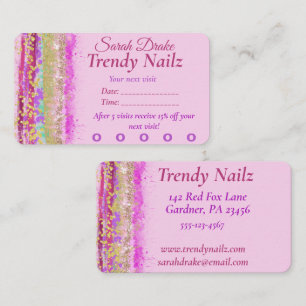 Glitzy Watercolor Pink Purple Gold Nail Salon Business Card