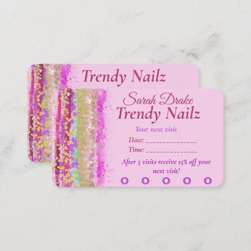 Glitzy Watercolor Pink Purple Gold Nail Salon Business Card