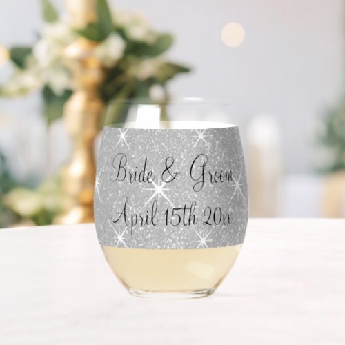 Glitzy wedding party sparkly silver glitter custom stemless wine glass