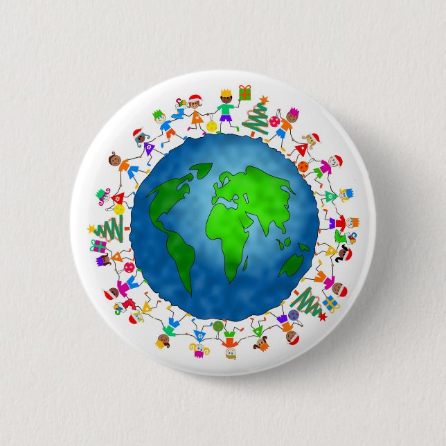 Global Christmas Kids Pinback Button (Front)