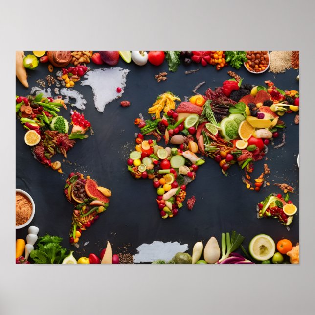 Global Cuisines Map: Top View of World Map Poster (Front)
