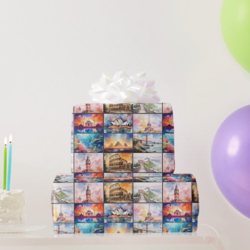 Global Landmarks in Watercolor Wrapping Paper