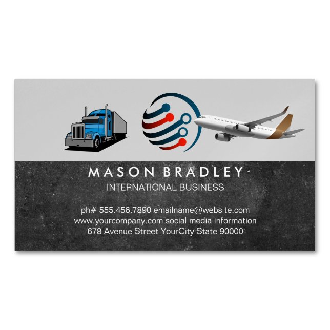 Global Logo | Semi Truck | Commercial Plane Business Card Magnet (Front)