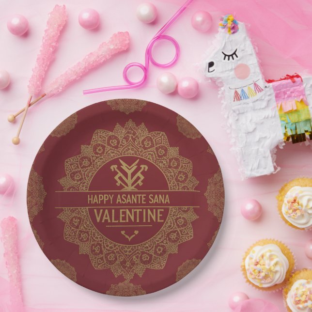 Global Luxe Happy Valentine's Day: Red & Gold Adi  Paper Plates (Party)