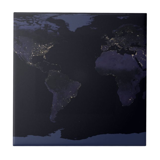 Global Map Earth's City Lights At Night. Ceramic Tile (Front)