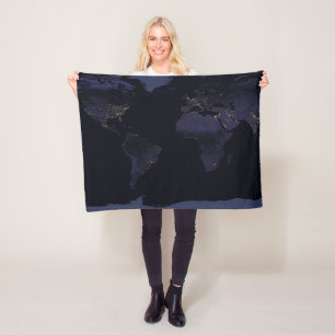 Global Map Earth's City Lights At Night. Fleece Blanket