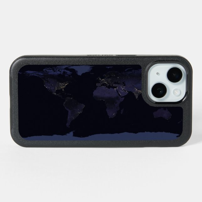 Global Map Earth's City Lights At Night. iPhone 15 Case (Back Horizontal)