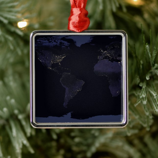 Global Map Earth's City Lights At Night. Metal Ornament (Tree)