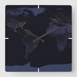 Global Map Earth's City Lights At Night. Square Wall Clock