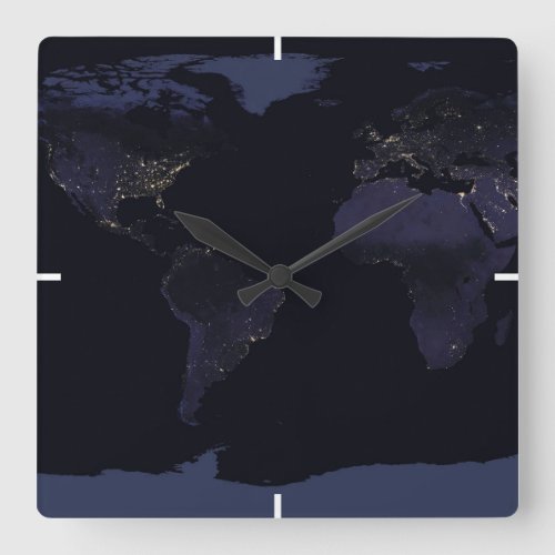 Global Map Earths City Lights At Night Square Wall Clock