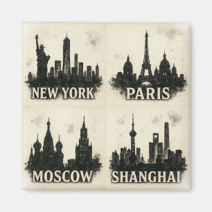 Global Skyline Ink Iconic Monochromatic Cities Magnet