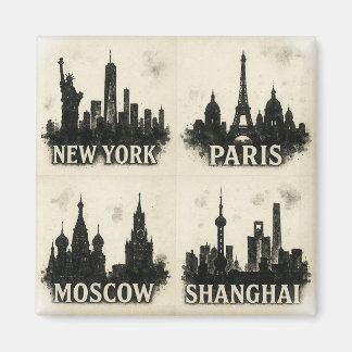 Global Skyline Ink Iconic Monochromatic Cities Magnet