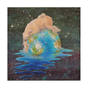 Global Warming Polar Bear and Cubs Wood Wall Decor