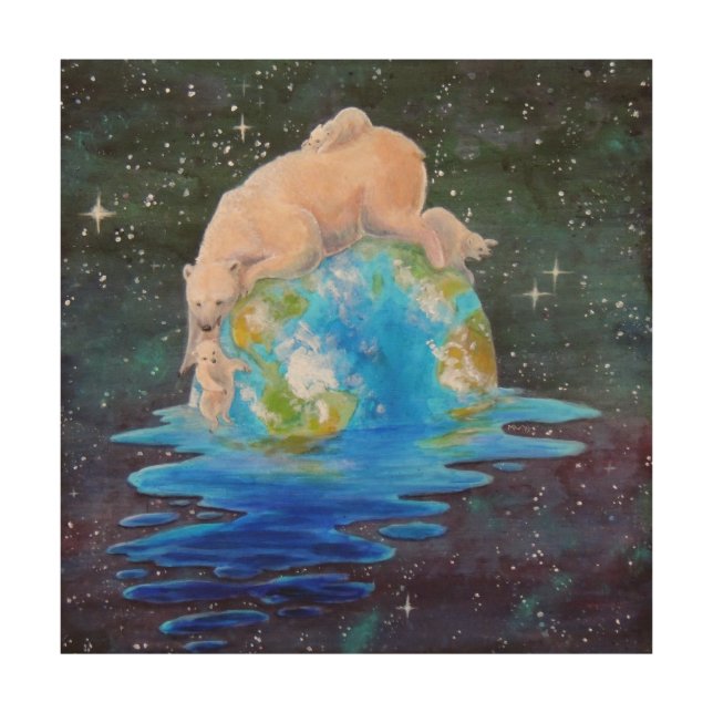 Global Warming Polar Bear and Cubs Wood Wall Decor (Front)