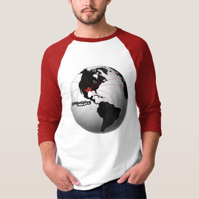 globalplug Red Baseball Tee TX globe design (Front)