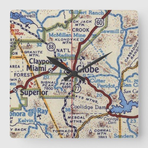 Globe Arizona Vintage Map Square Wall Clock