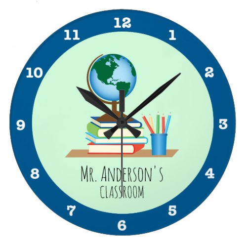 Globe, Books & Pencils for Teacher Personalized Large Clock - The design on this clock is a great gift for a teacher to display in their classroom.  A graphic of a globe sitting on top of a stack of books is accented with a container of pencils. Custom text allows you to add a teachers name.