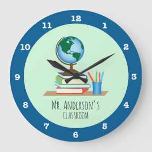 Globe, Books & Pencils for Teacher Personalized Large Clock