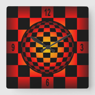 Globe Chess ~ Checkerboard ~ Black & Fire Color ~ Square Wall Clock