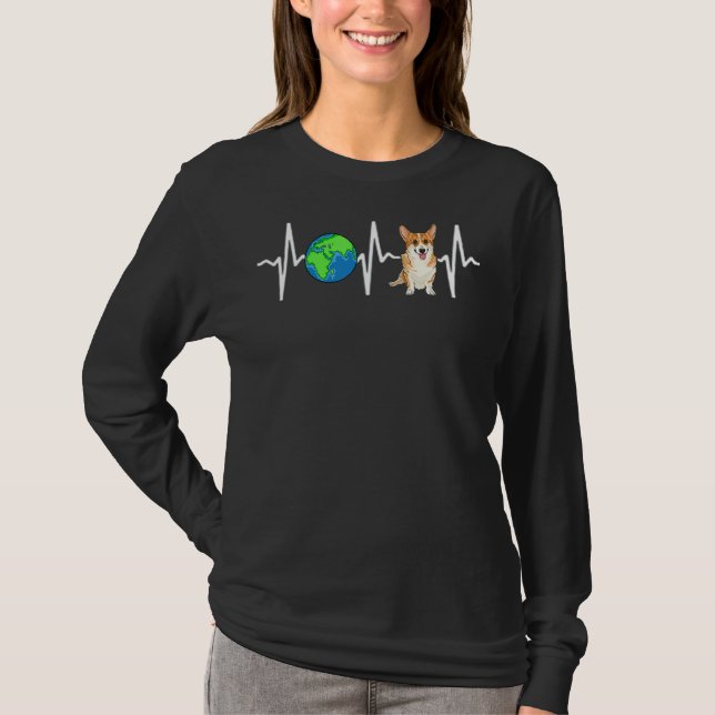 Globe Planet Earth Pembroke Welsh Corgi Heartbeat  T-Shirt (Front)