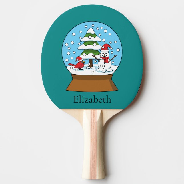 Globe w Cardinal Snowman & Pine Tree | Personalize Ping Pong Paddle (Front)