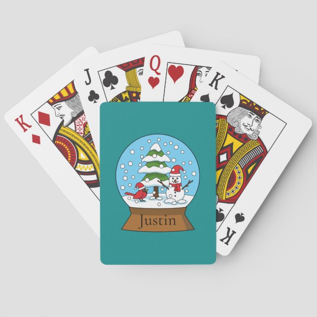 Globe w Cardinal Snowman & Pine Tree | Personalize Poker Cards (Back)
