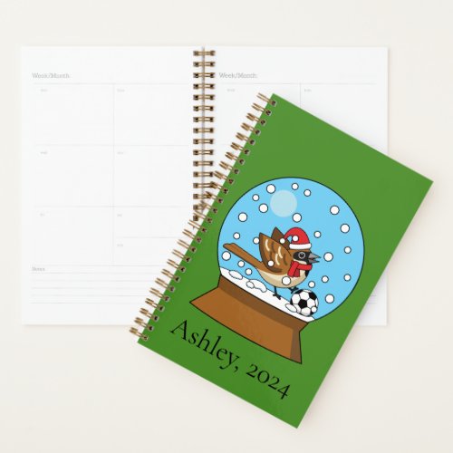 Globe w Cute Sparrow Playing Soccer  Personalize Planner