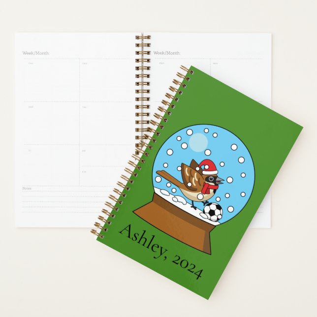 Globe w Cute Sparrow Playing Soccer | Personalize Planner (Display)