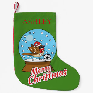 Globe w Cute Sparrow Playing Soccer   Personalize Small Christmas Stocking