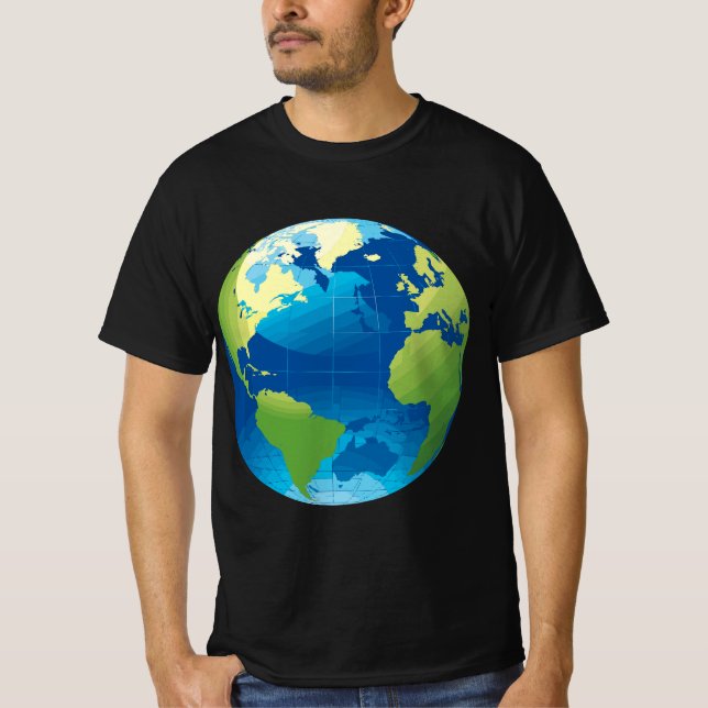 Globe World Map Planet Earth Blue Green T-Shirt (Front)