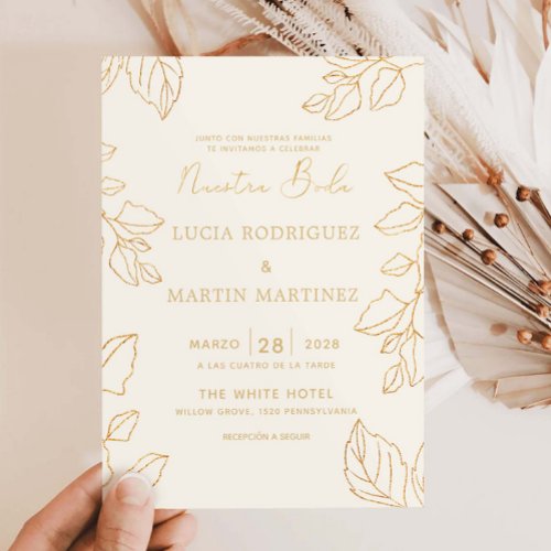 Glod Leaf Cream Spanish Nuestra Boda Invitation