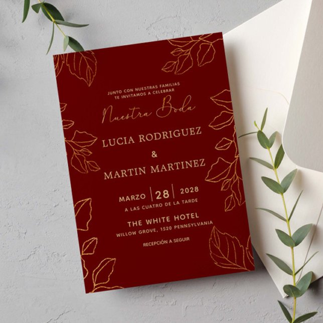 Glod Leaf Red Spanish Nuestra Boda Invitation (Creator Uploaded)