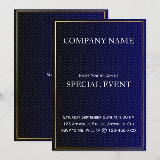Gloden Frame Blue Corporate Party Invitation Card (Front/Back)