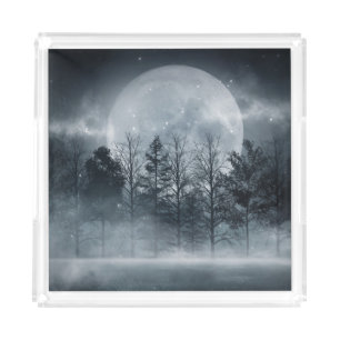 Gloomy Dark Forest: Moonlit Scene Acrylic Tray