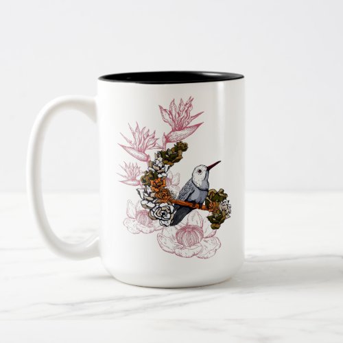 Gloomy Skull and Bird with Flowers Two_Tone Coffee Mug