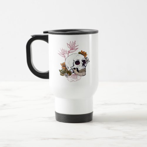 Gloomy Skull and Blooming Flowers Travel Mug