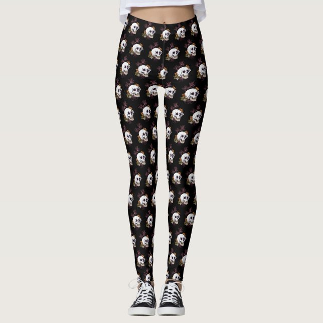 Gloomy skull and flowers leggings (Front)