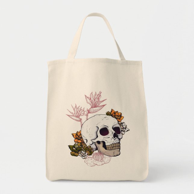 Gloomy skull and flowers tote bag (Front)
