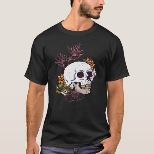 Gloomy Skull and Strelitzia flowers T_Shirt