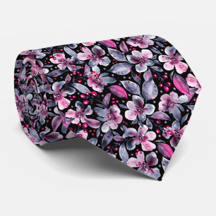 Gloria Designer-Black,Gray&Pink Watercolor Floral Neck Tie
