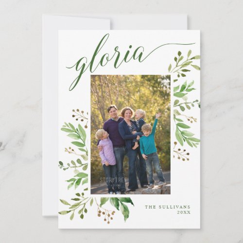 Gloria Greenery Frame Religious Photo Holiday Card
