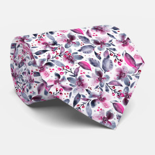 Gloria White,Gray & Pink Watercolor Floral Neck Tie