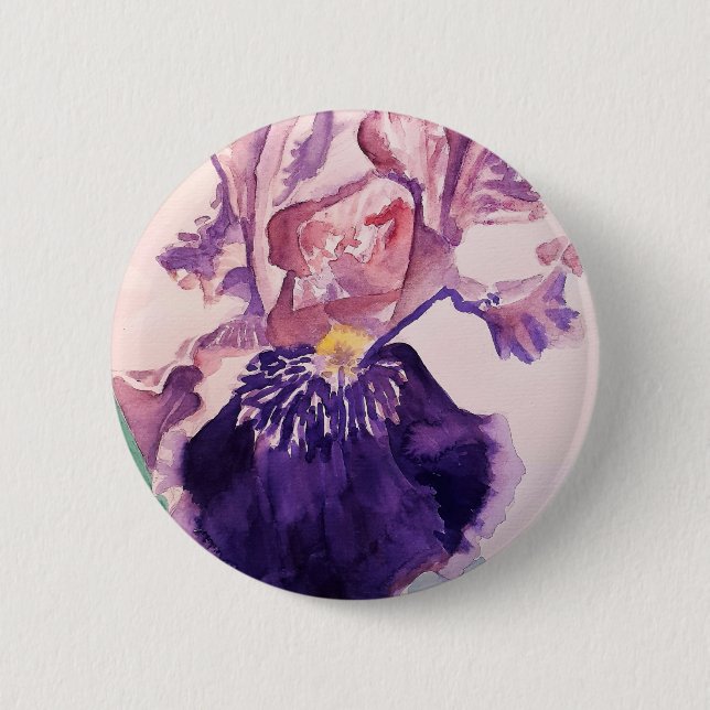 Glorioues Purple Iris Watercolor Painting Button (Front)